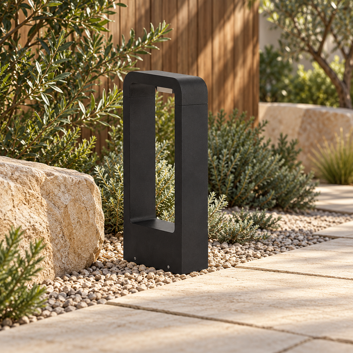 Black open-frame bollard in a gravel garden in daylight
