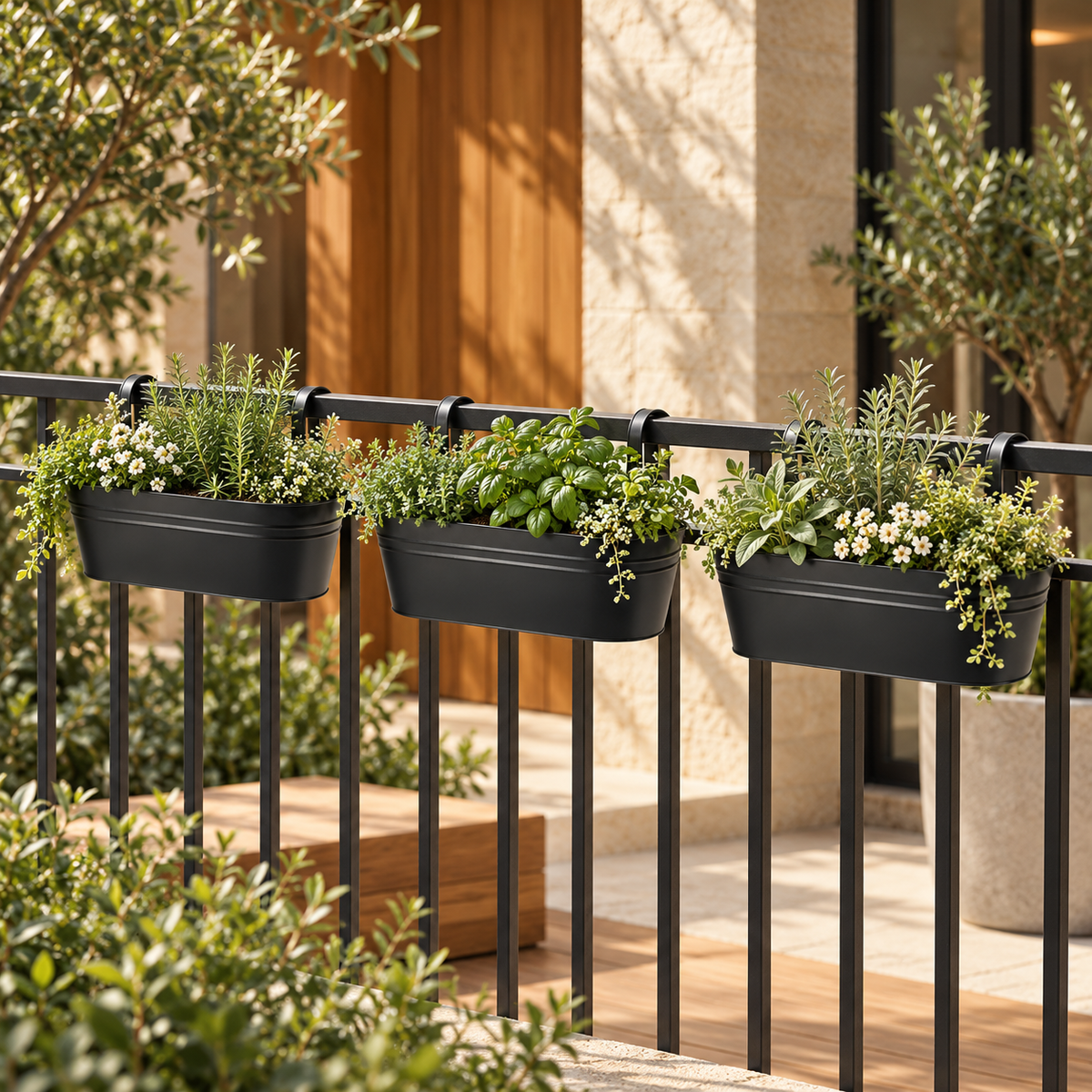 Three black railing planters styled with herbs and cream flowers; plants not included