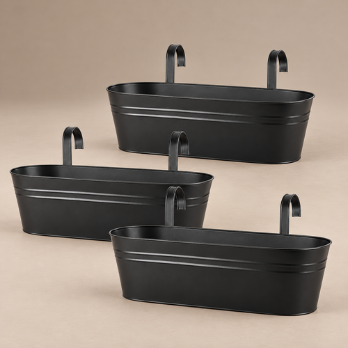 Three empty black metal planters with curved hanging hooks