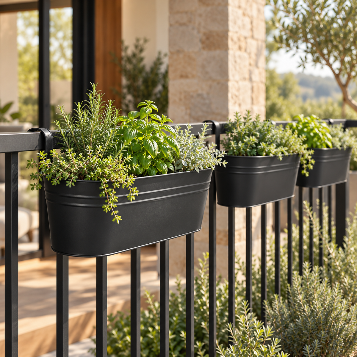 Black railing planters styled with herbs on a patio railing; plants not included
