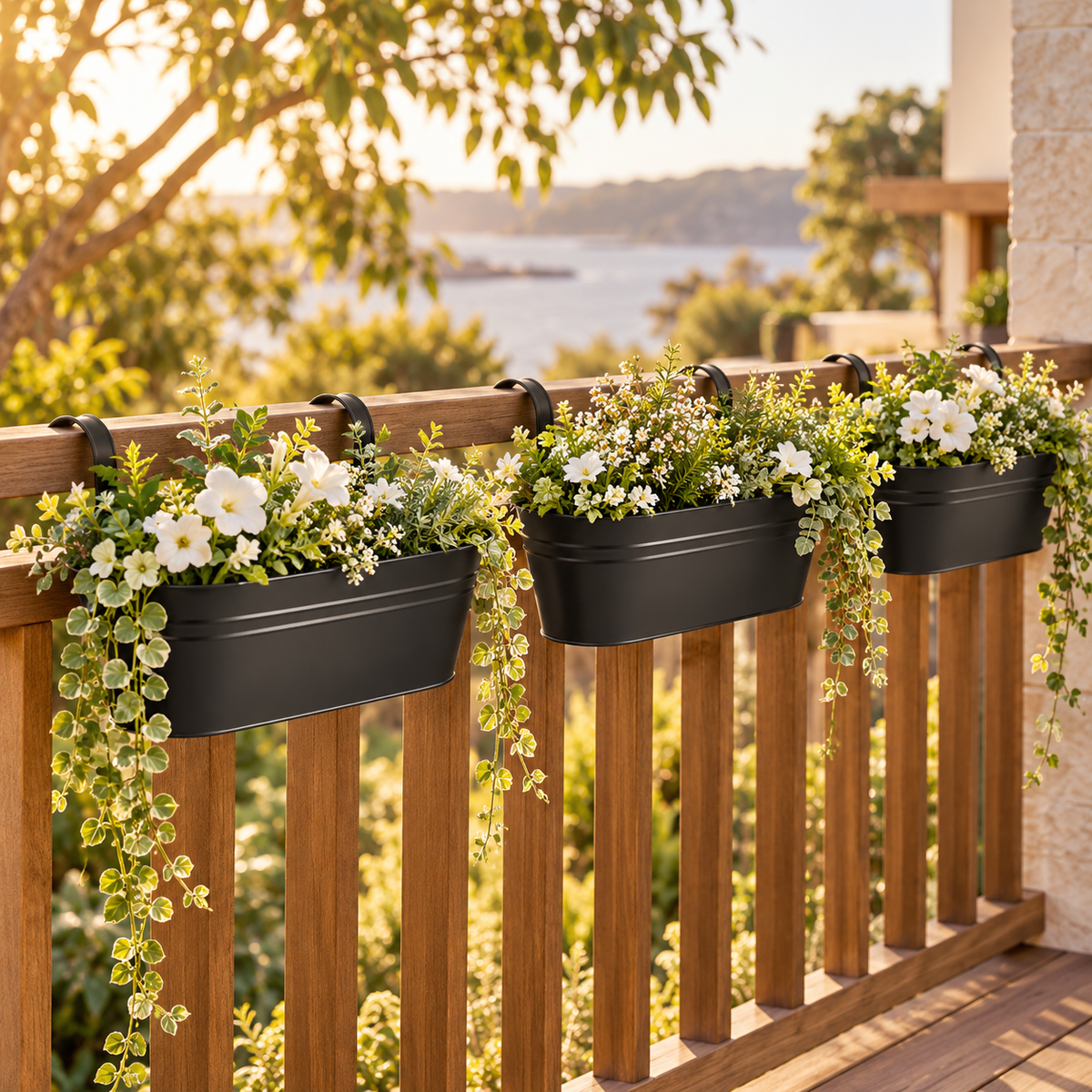 Three black planters with white flowers on a timber railing; plants not included