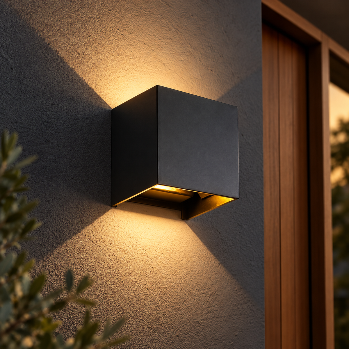 Black cube wall light casting warm light on a charcoal wall