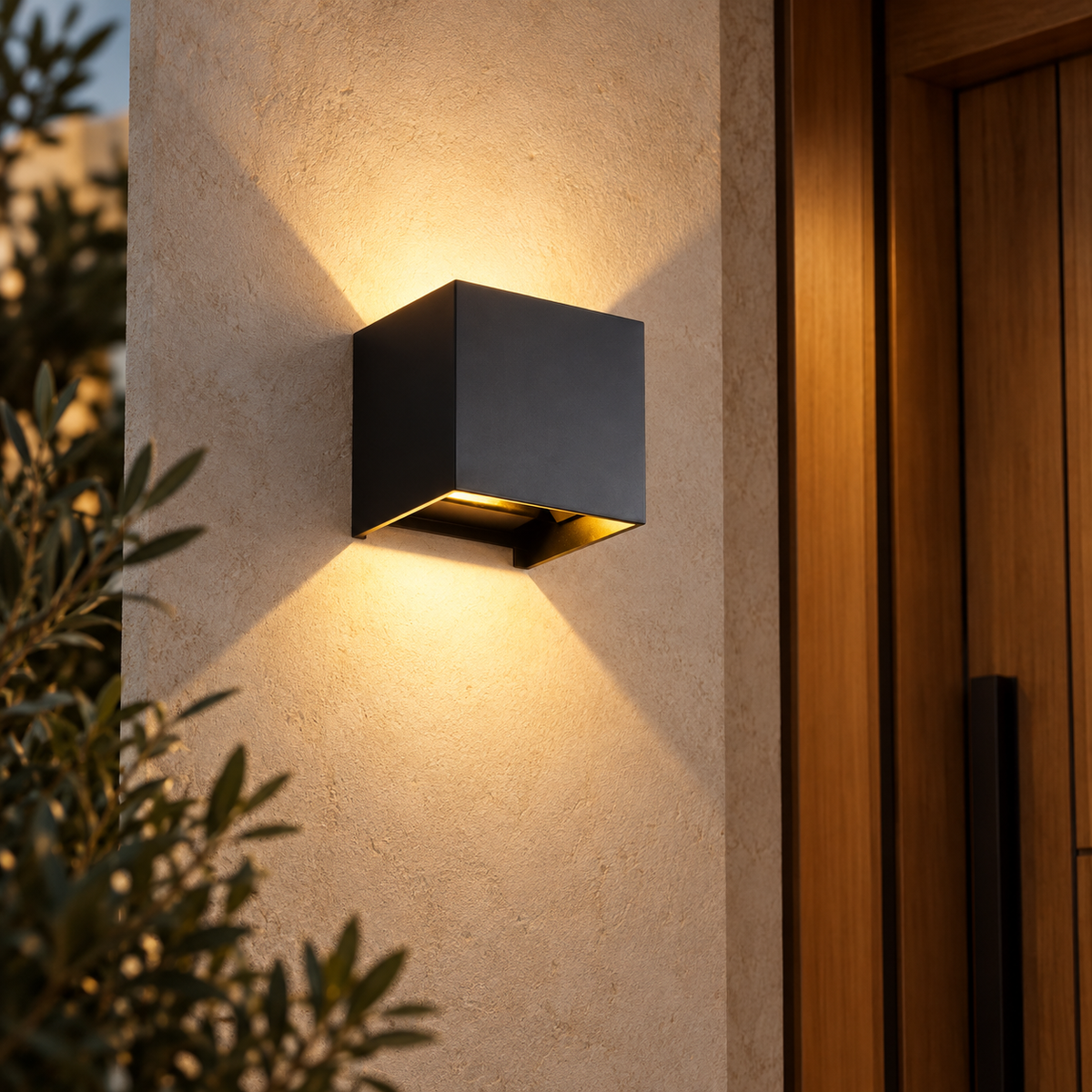 Black cube wall light beside a timber entrance door