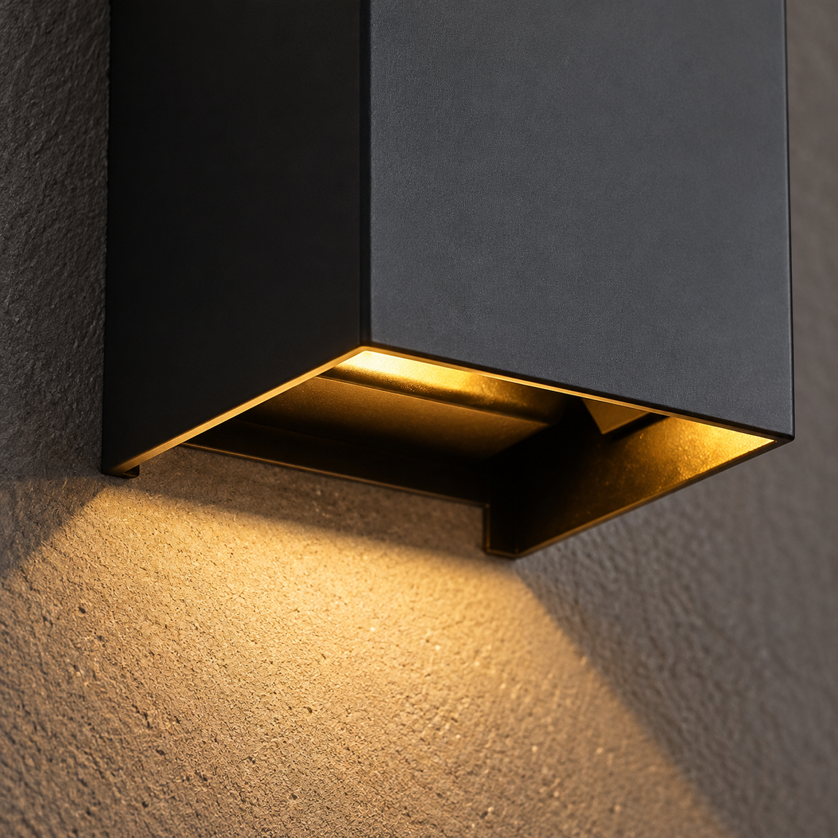 Close-up of the black cube wall light lower edge and underside