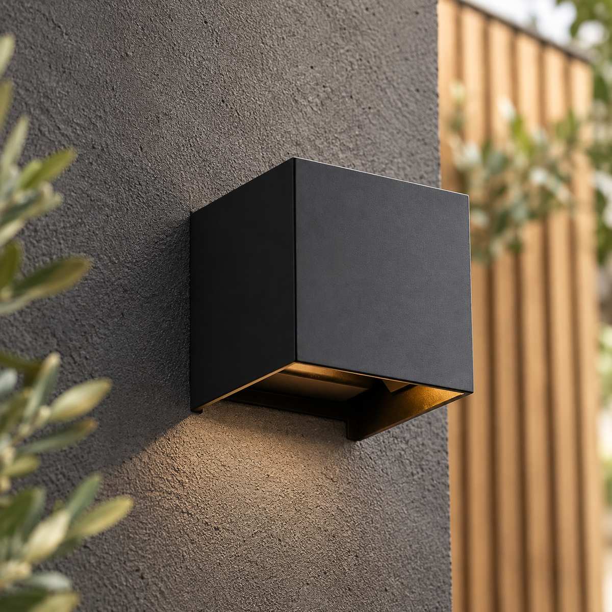 Black cube wall light on a charcoal courtyard wall in daylight
