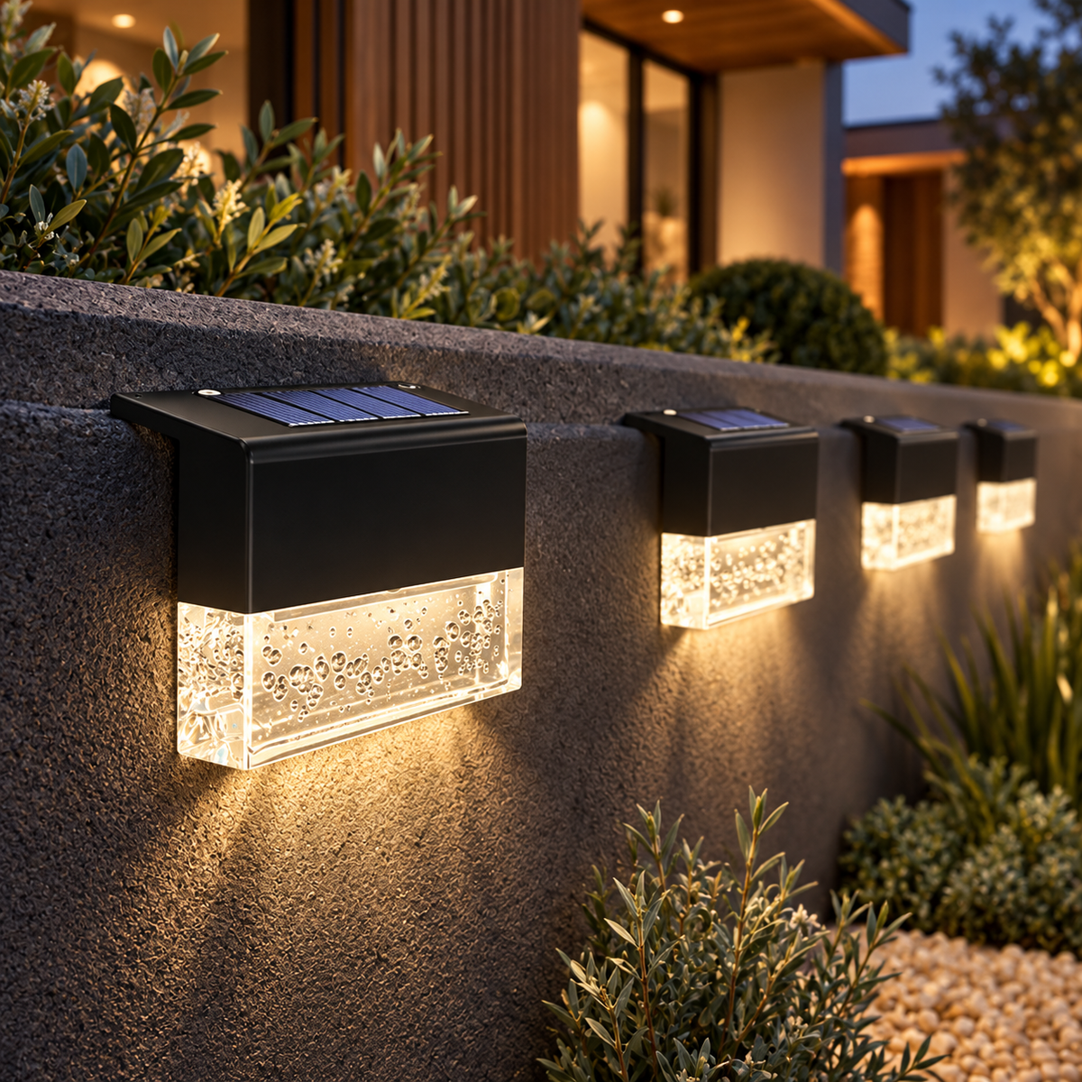 Four black solar deck lights glowing on a charcoal garden wall at dusk