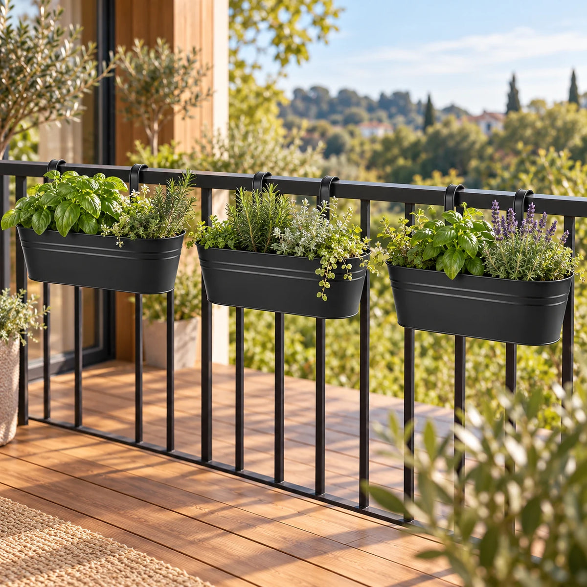 Black Metal Railing Planters — Set of 3