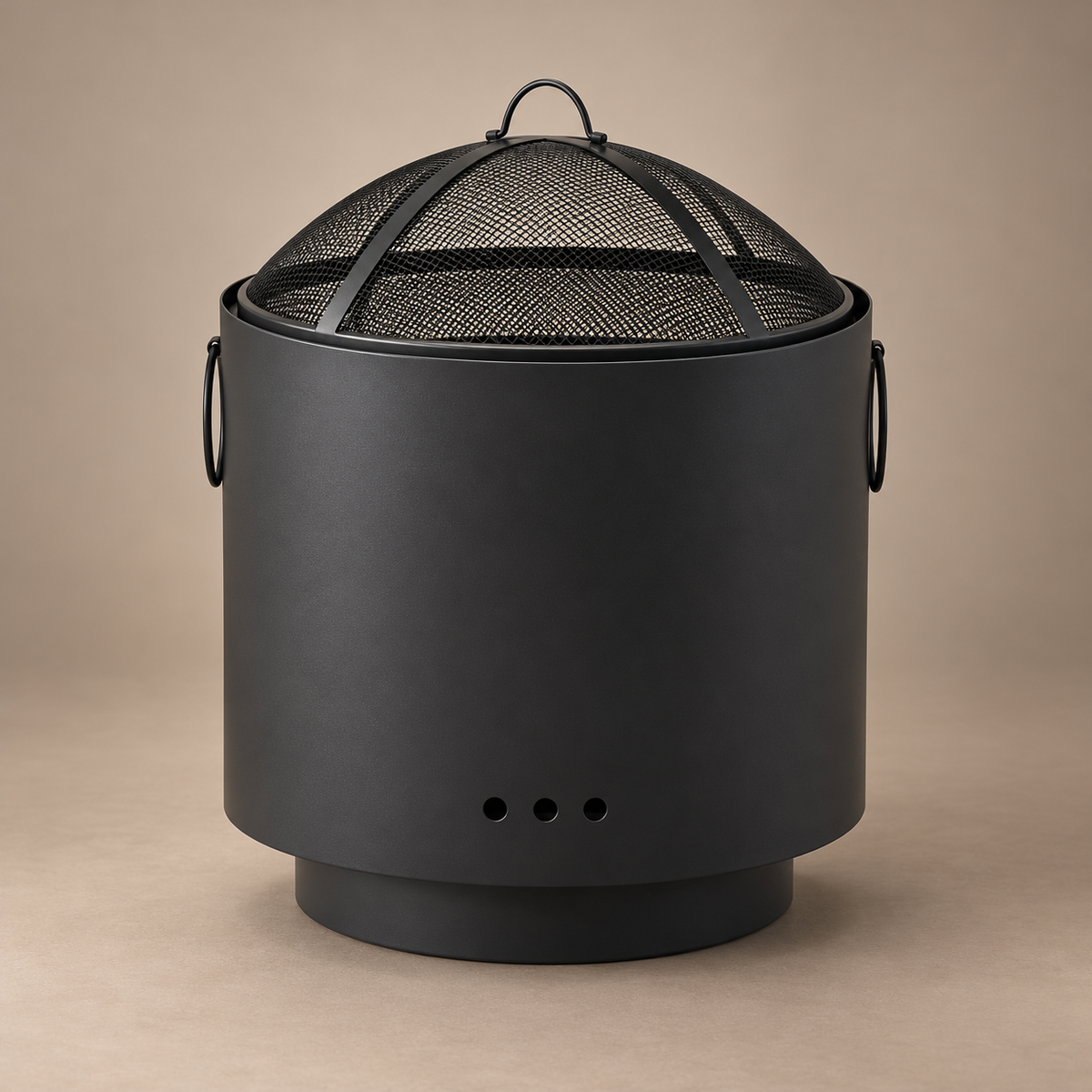 Black deep bowl fire pit with domed mesh cover on a taupe background