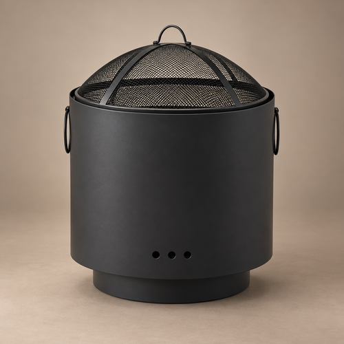 Black deep bowl fire pit with domed mesh cover on a taupe background