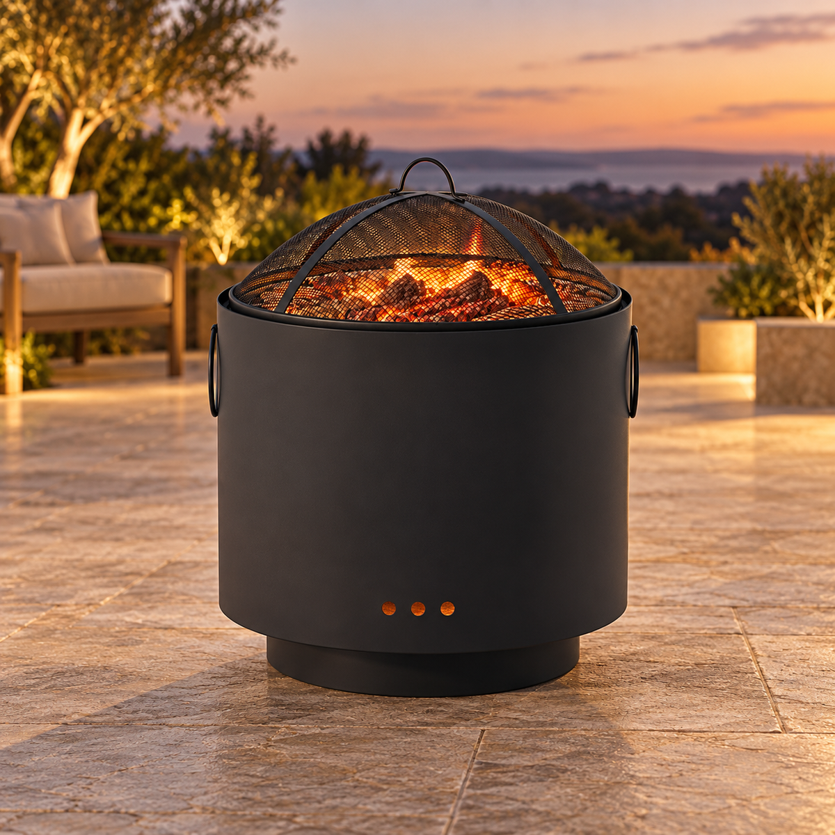 Black fire pit with fitted mesh cover on an open stone terrace