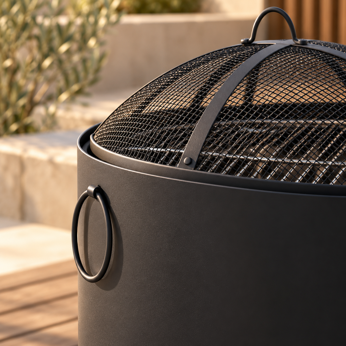 Close-up of the fire pit mesh cover and folding ring handle
