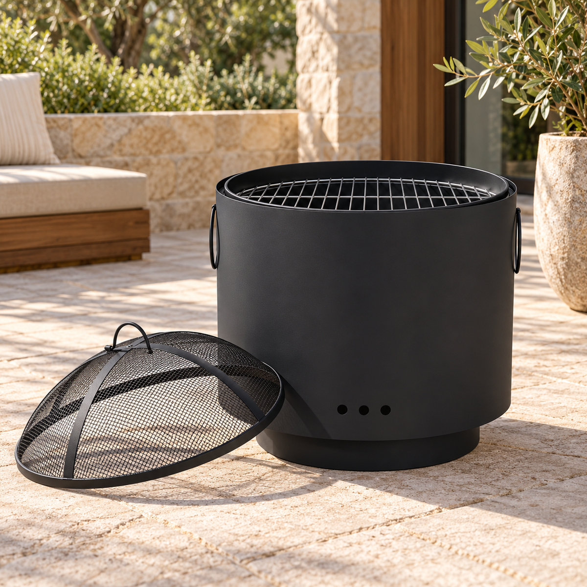 Black fire pit with cooking grate and removable mesh cover beside it