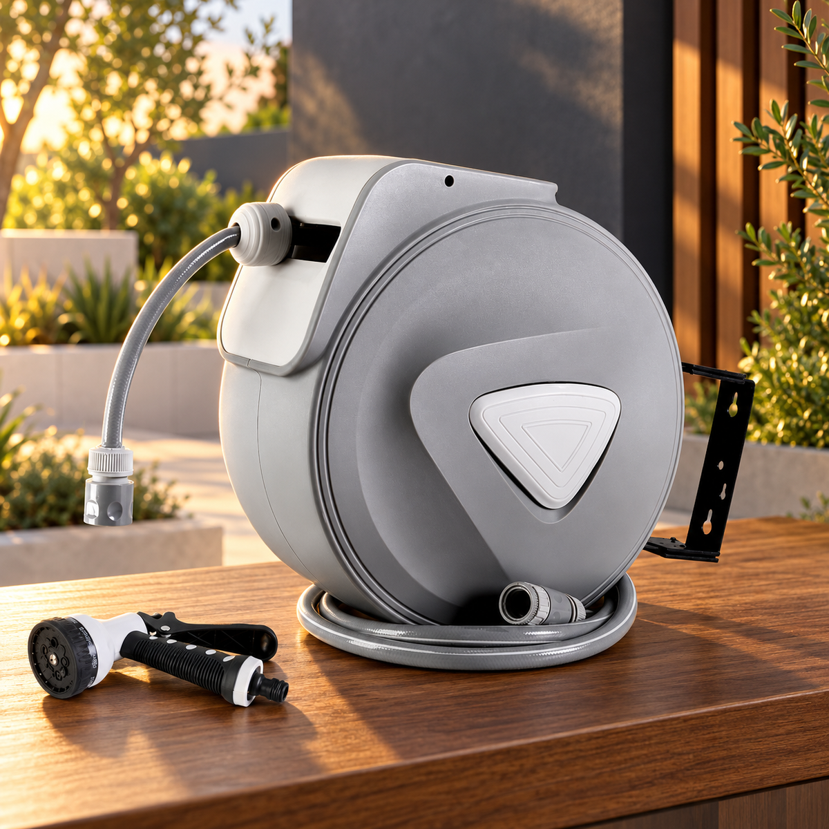 Grey 10m retractable hose reel with spray gun on a timber surface in a landscaped courtyard.