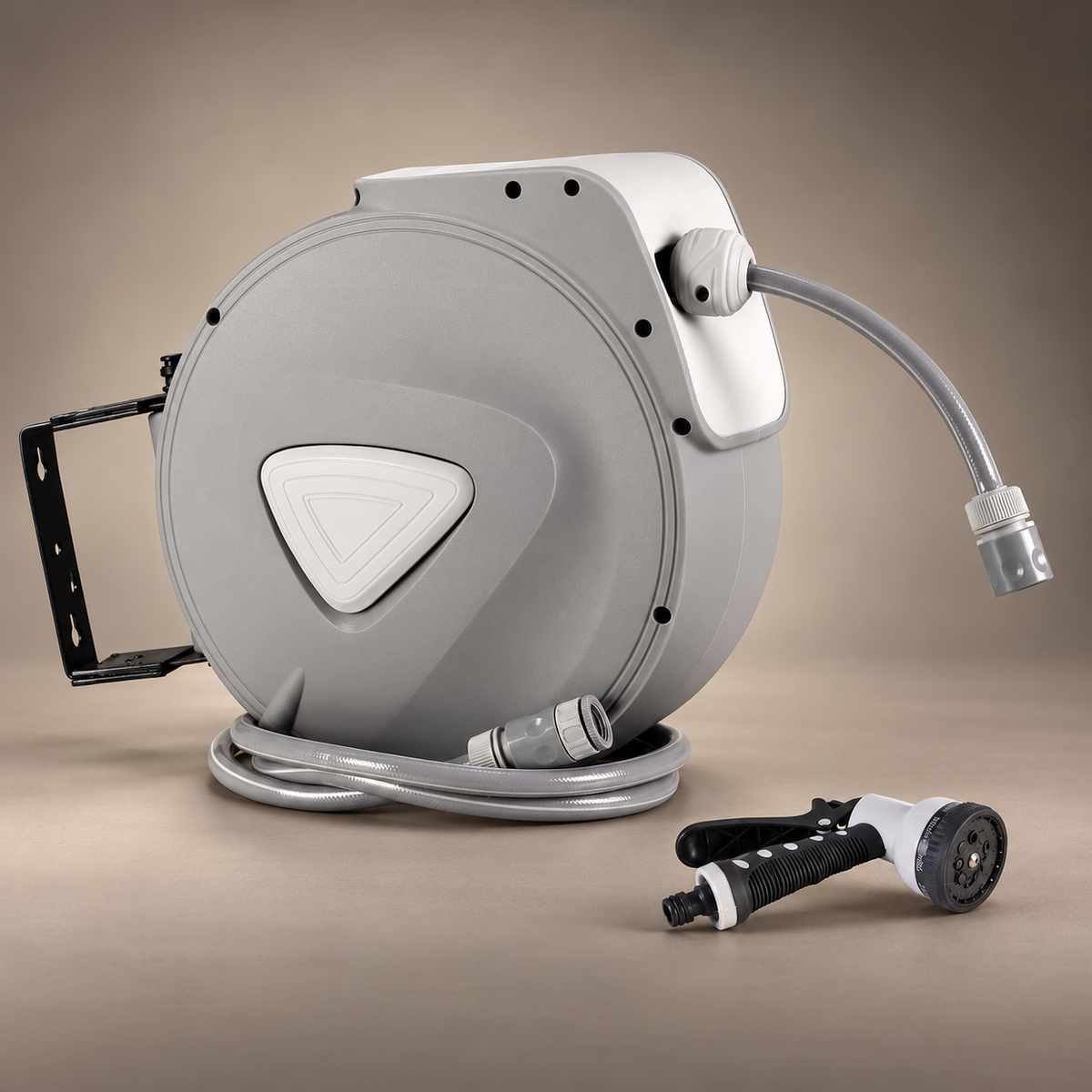 Grey 10m hose reel with black wall bracket, grey hose and black-and-white spray gun against a neutral background.