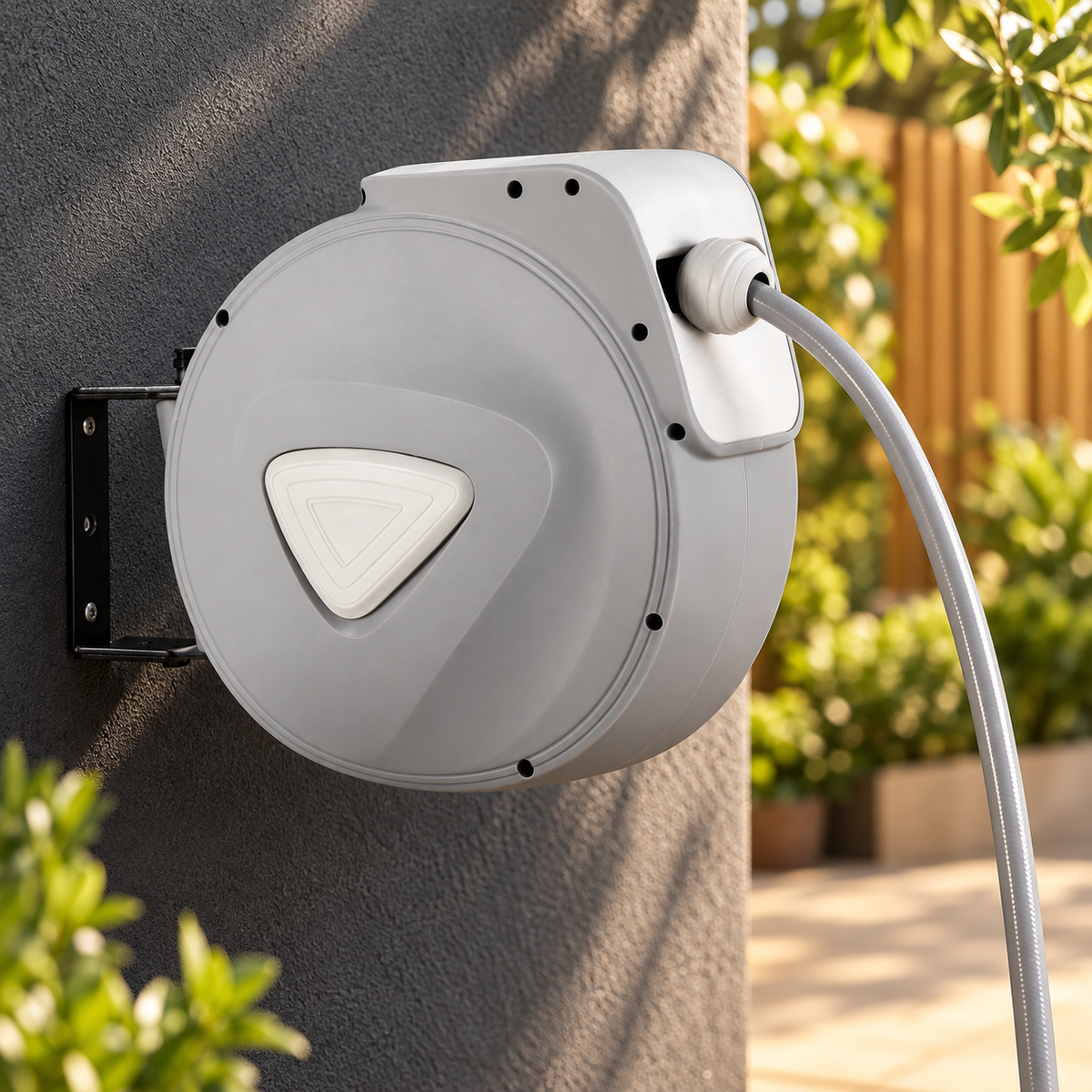 Grey retractable hose reel mounted on a charcoal garden wall with its hose extended.
