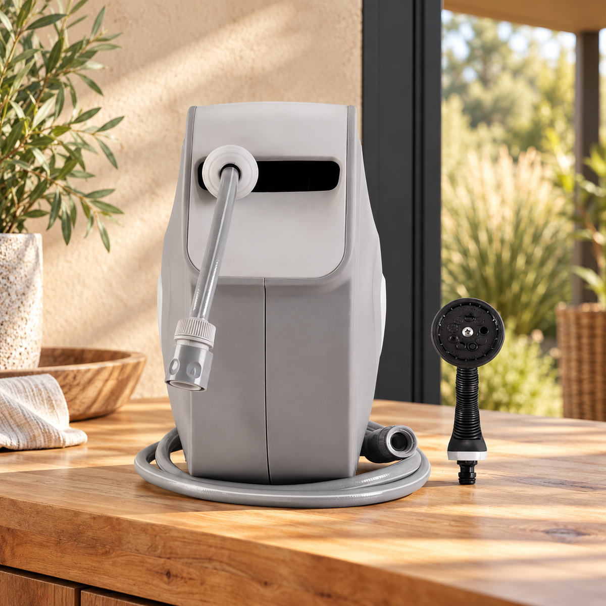 Front view of the grey hose reel and spray gun on a timber garden worktop.