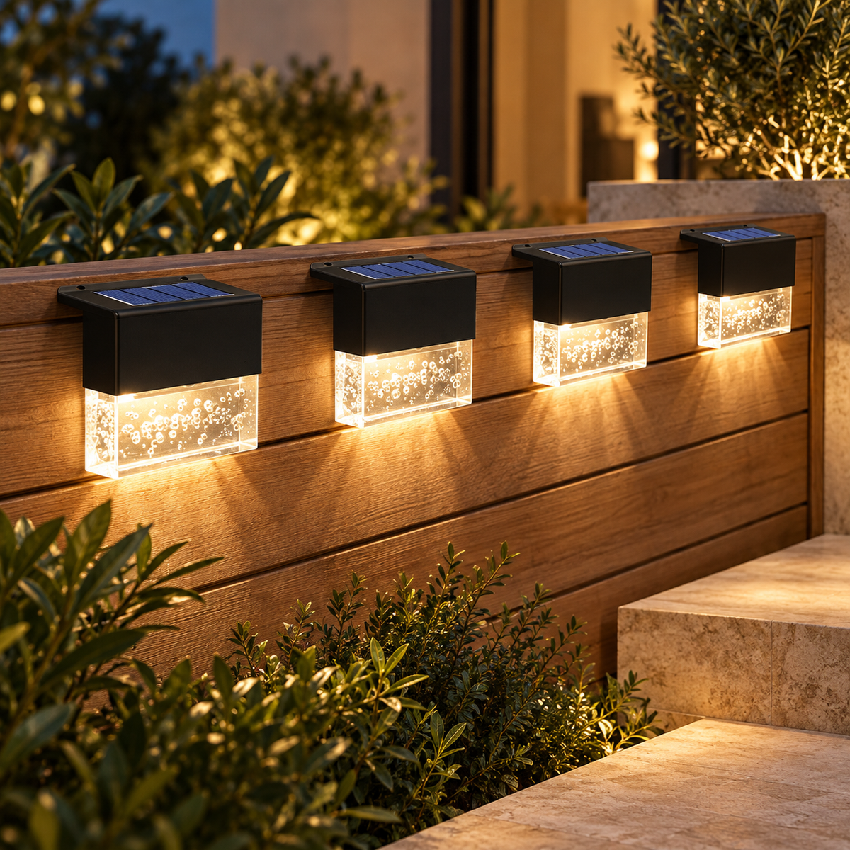 Four warm-white solar lights mounted along a timber garden fence