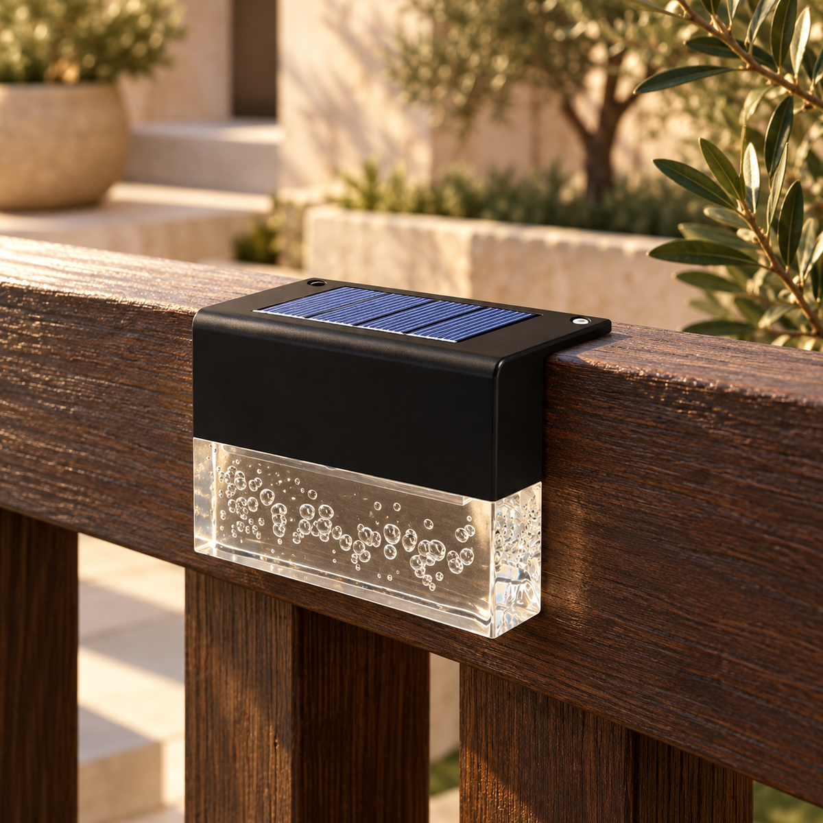 Black solar deck light on a timber courtyard railing in daylight