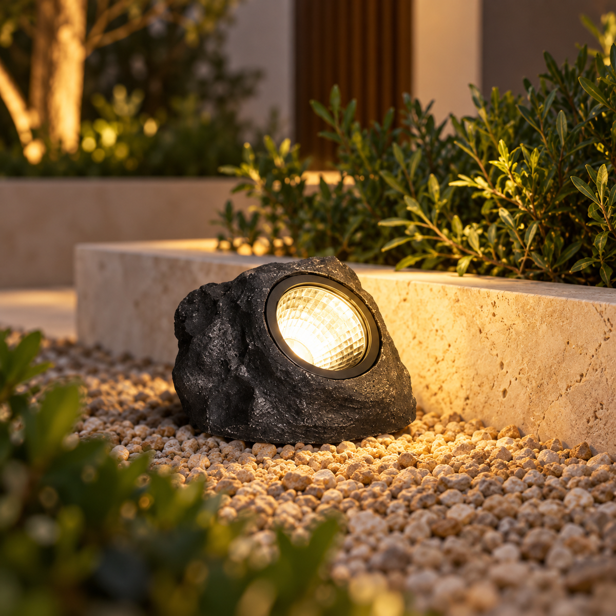 Single black rock-style spotlight beside stone garden edging