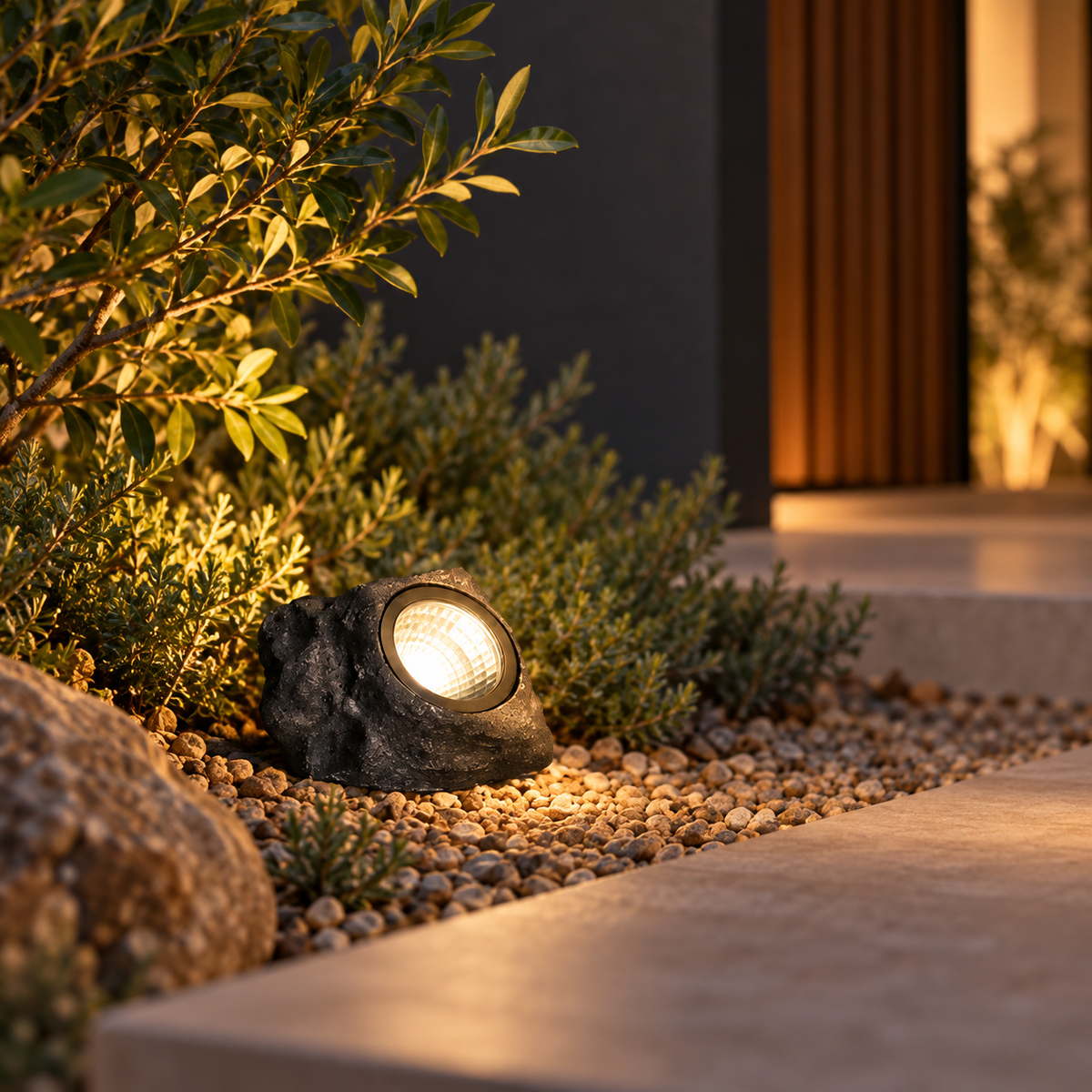 Warm-light rock-style spotlight beside low garden planting
