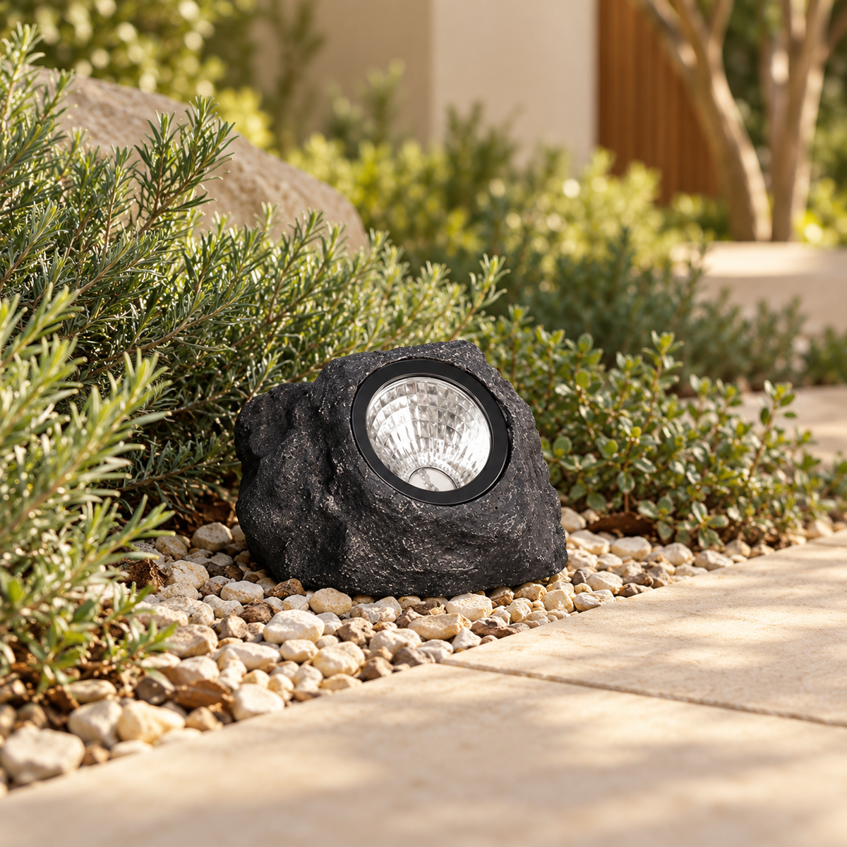 Unlit black rock-style spotlight among pale garden pebbles